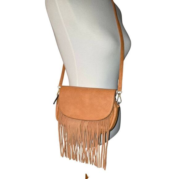 Cognac Honey Brown Leather & Suede Boho Fringe Crossbody Shoulder Bag Purse - Picture 1 of 5